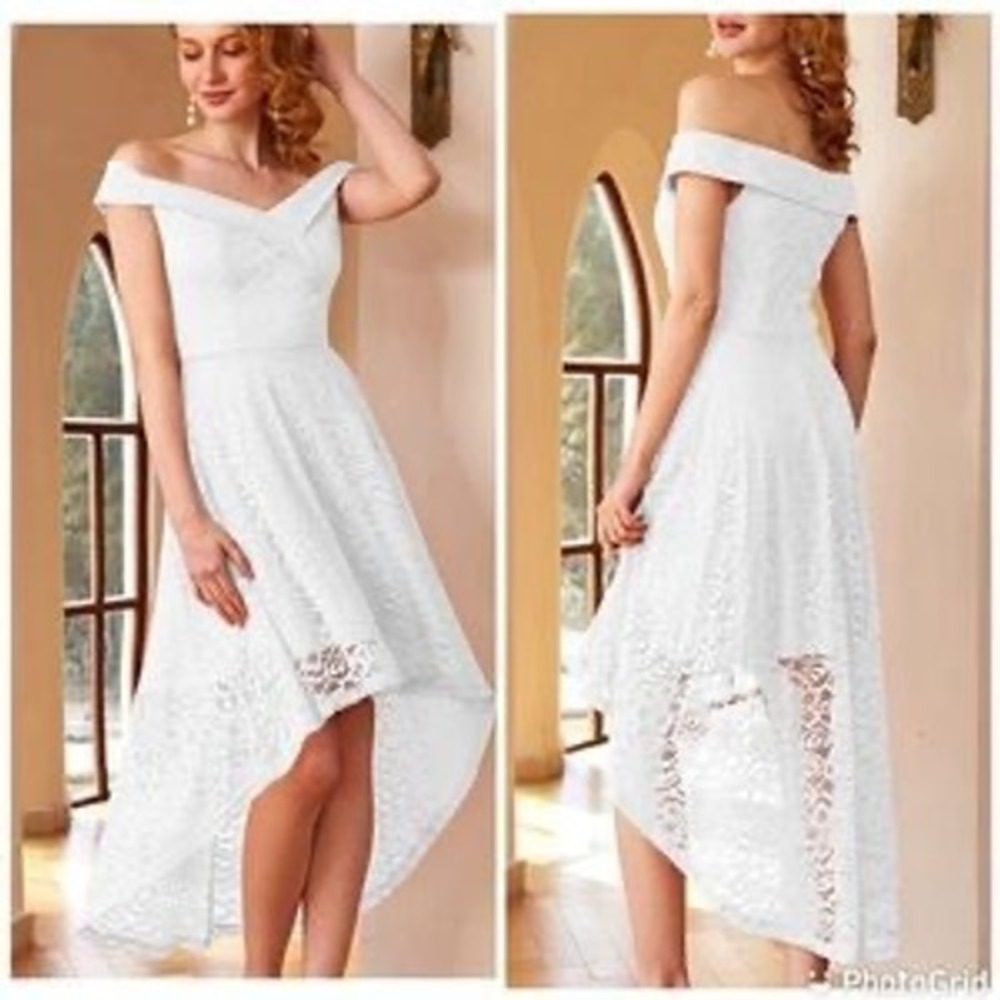 Homrain White Floral Lace Off Shoulder High Low Cocktail Dress Large